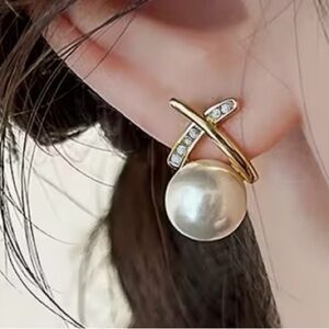 Gold X Rhinestone and Pearl Stud Earrings